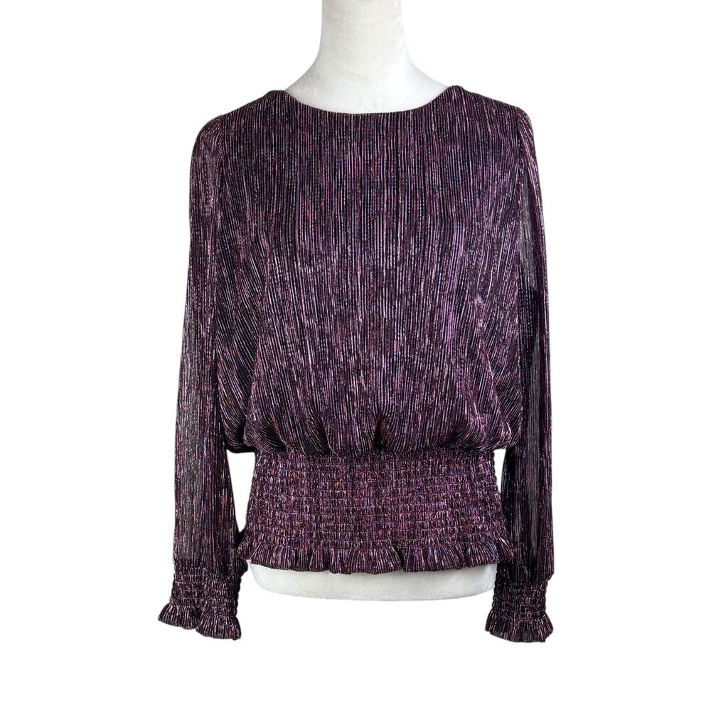 Joie Black & Pink Metallic Textured Ribbed Smocked Waist Long Sleeve Blouse